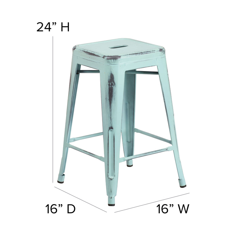 Commercial Grade 24" High Backless Distressed Green-Blue Metal Indoor-Outdoor Counter Height Stool