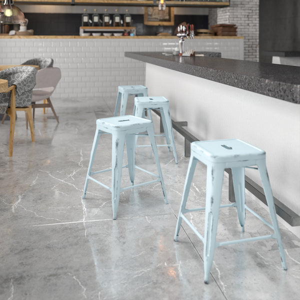 Commercial Grade 24" High Backless Distressed Green-Blue Metal Indoor-Outdoor Counter Height Stool