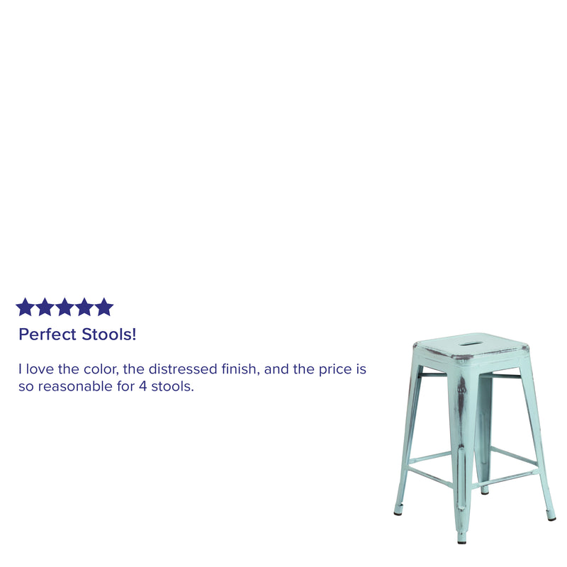 Commercial Grade 24" High Backless Distressed Green-Blue Metal Indoor-Outdoor Counter Height Stool