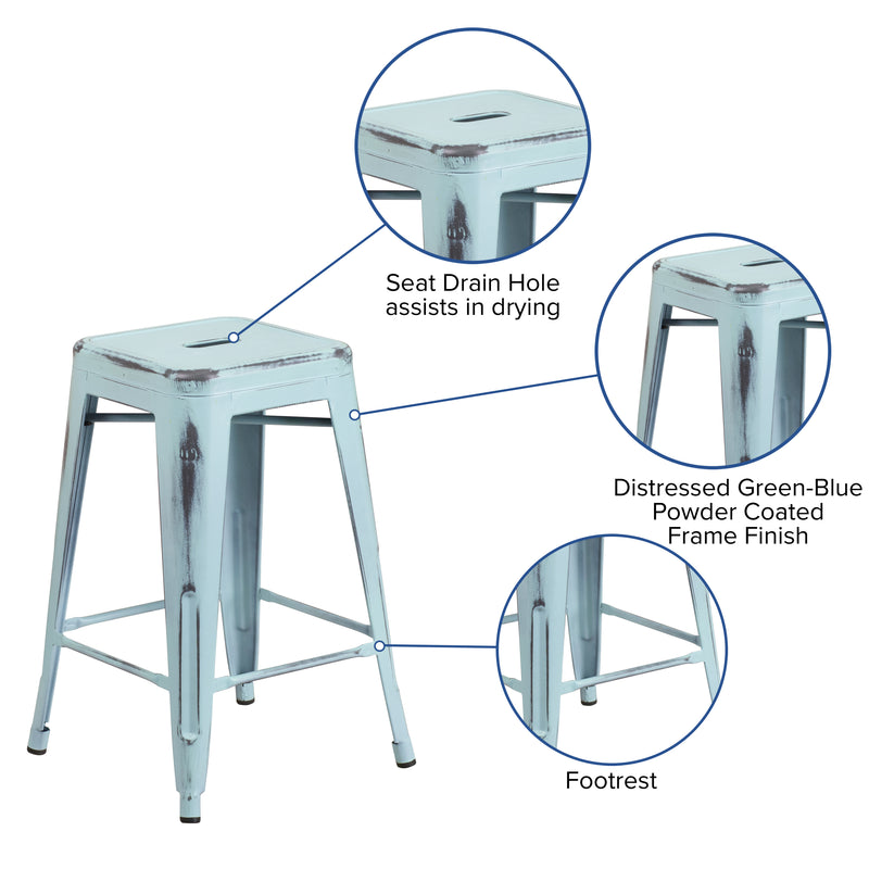 Commercial Grade 24" High Backless Distressed Green-Blue Metal Indoor-Outdoor Counter Height Stool