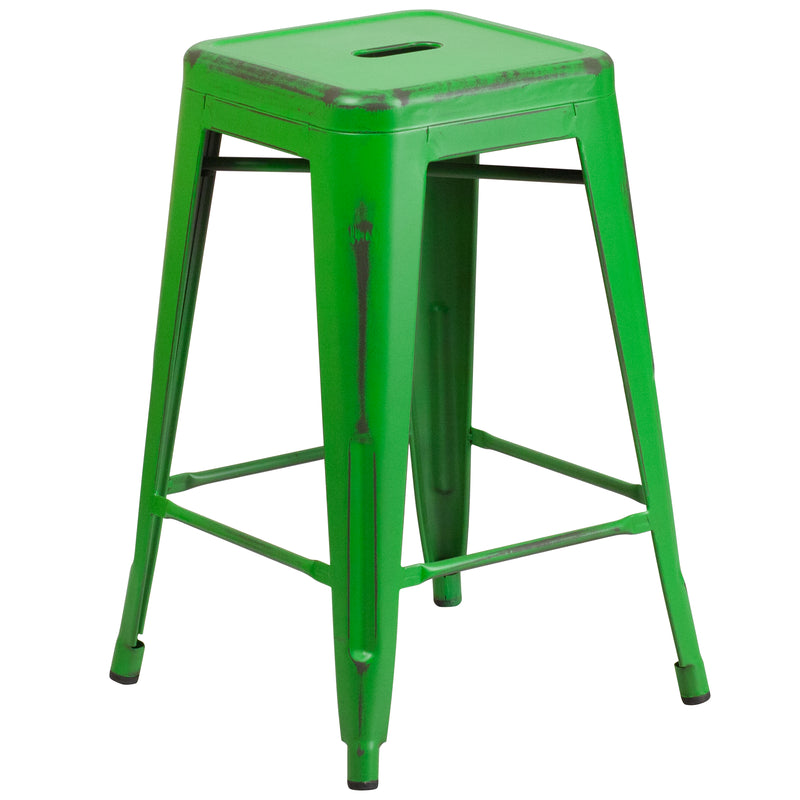 Commercial Grade 24" High Backless Distressed Green Metal Indoor-Outdoor Counter Height Stool