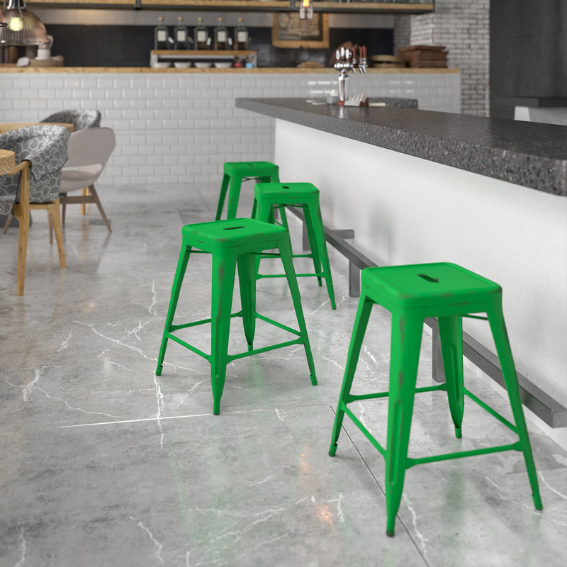 Commercial Grade 24" High Backless Distressed Green Metal Indoor-Outdoor Counter Height Stool