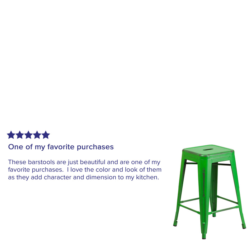 Commercial Grade 24" High Backless Distressed Green Metal Indoor-Outdoor Counter Height Stool