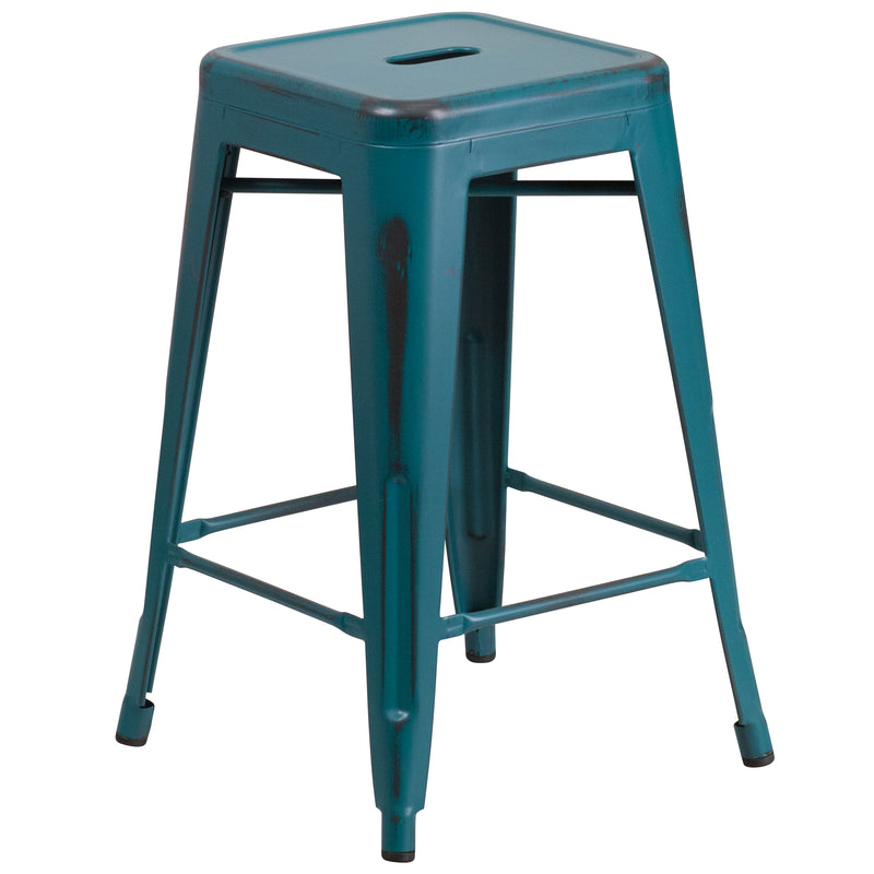 Commercial Grade 24" High Backless Distressed Kelly Blue-Teal Metal Indoor-Outdoor Counter Height Stool