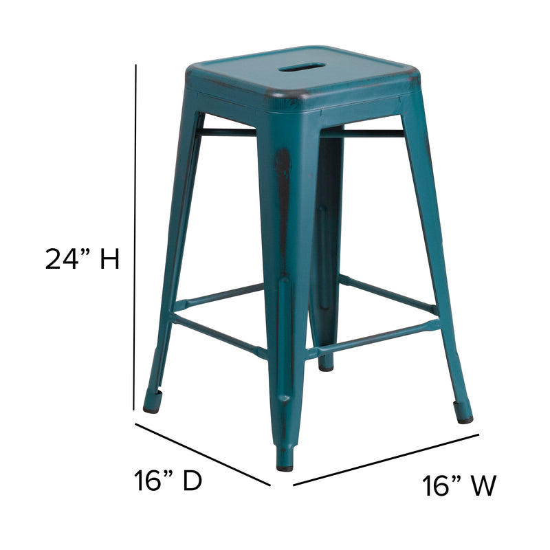 Commercial Grade 24" High Backless Distressed Kelly Blue-Teal Metal Indoor-Outdoor Counter Height Stool