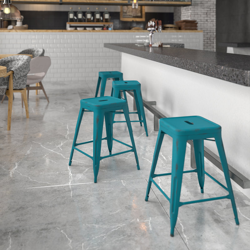 Commercial Grade 24" High Backless Distressed Kelly Blue-Teal Metal Indoor-Outdoor Counter Height Stool