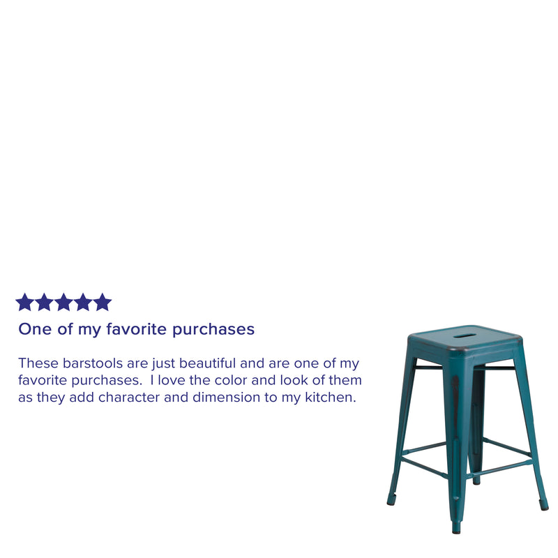 Commercial Grade 24" High Backless Distressed Kelly Blue-Teal Metal Indoor-Outdoor Counter Height Stool