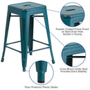 Commercial Grade 24" High Backless Distressed Kelly Blue-Teal Metal Indoor-Outdoor Counter Height Stool