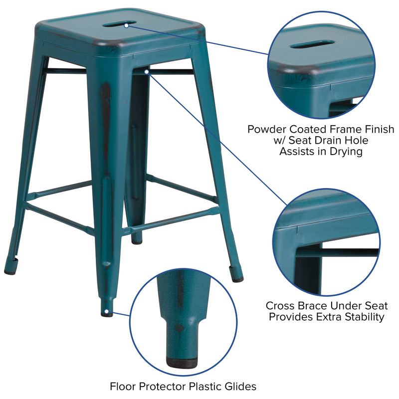 Commercial Grade 24" High Backless Distressed Kelly Blue-Teal Metal Indoor-Outdoor Counter Height Stool