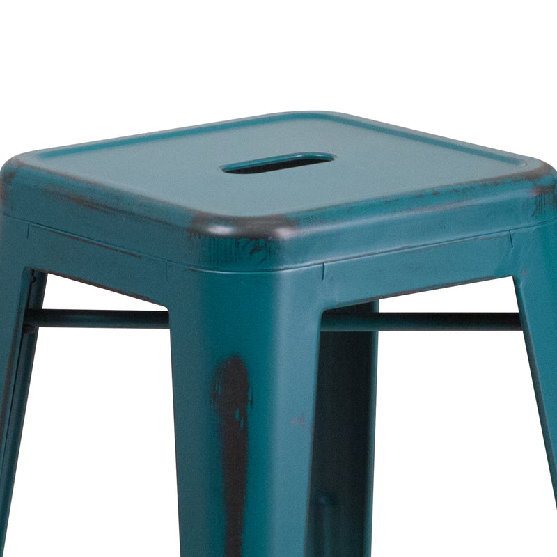 Commercial Grade 24" High Backless Distressed Kelly Blue-Teal Metal Indoor-Outdoor Counter Height Stool