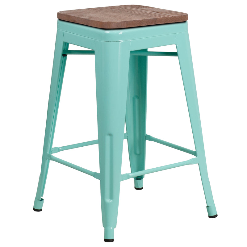 24" High Backless Mint Green Counter Height Stool with Square Wood Seat