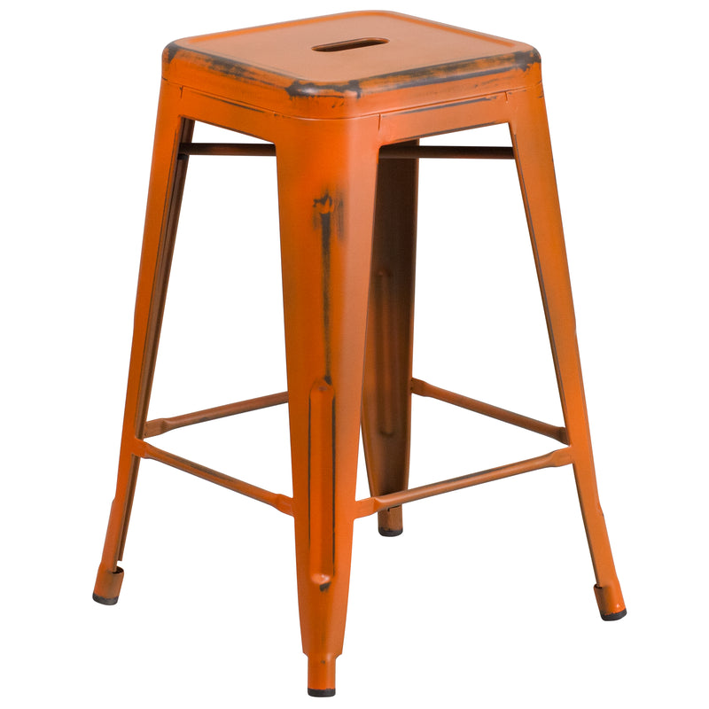 Commercial Grade 24" High Backless Distressed Orange Metal Indoor-Outdoor Counter Height Stool