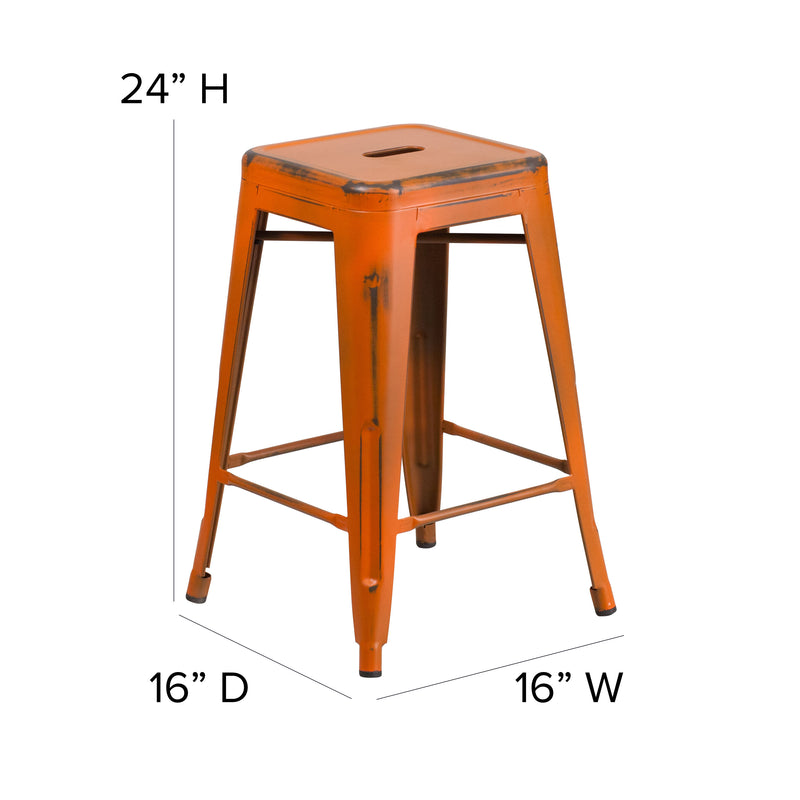 Commercial Grade 24" High Backless Distressed Orange Metal Indoor-Outdoor Counter Height Stool