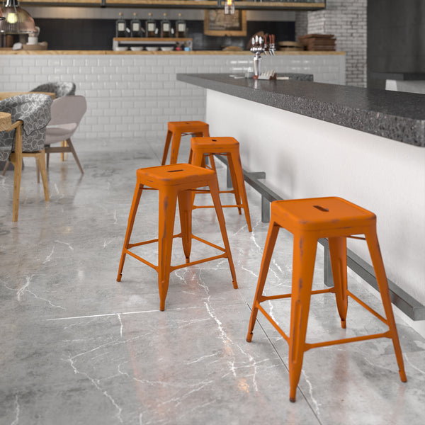 Commercial Grade 24" High Backless Distressed Orange Metal Indoor-Outdoor Counter Height Stool