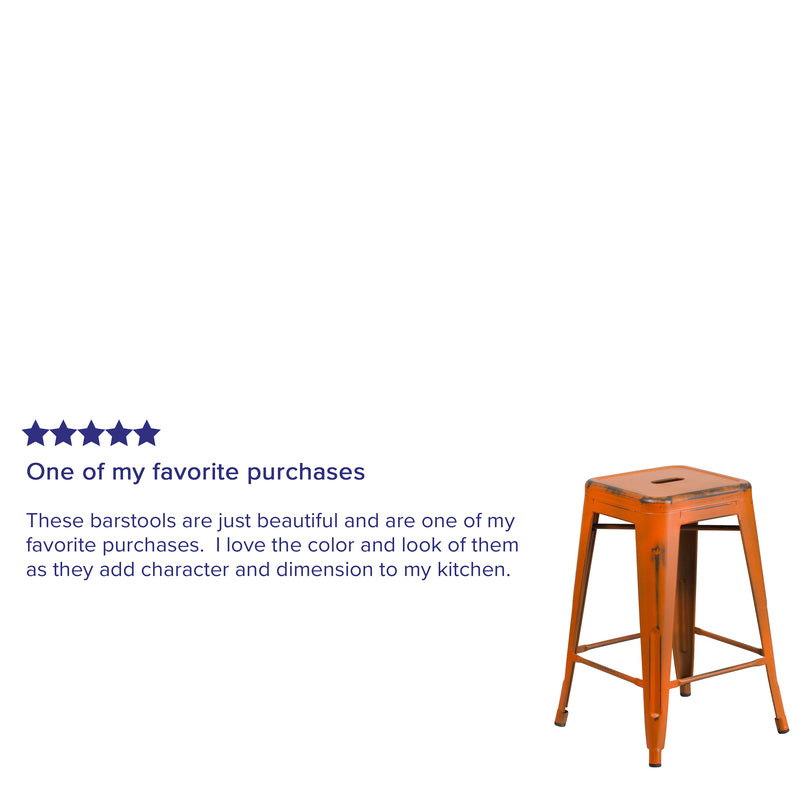 Commercial Grade 24" High Backless Distressed Orange Metal Indoor-Outdoor Counter Height Stool