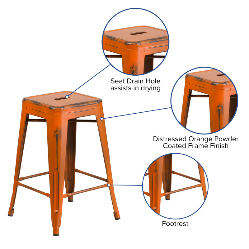 Commercial Grade 24" High Backless Distressed Orange Metal Indoor-Outdoor Counter Height Stool