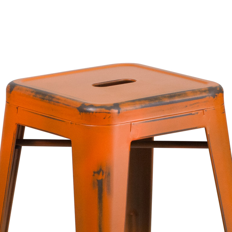 Commercial Grade 24" High Backless Distressed Orange Metal Indoor-Outdoor Counter Height Stool