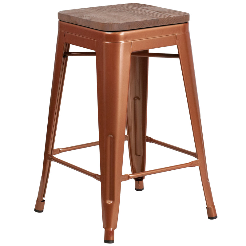 24" High Backless Copper Counter Height Stool with Square Wood Seat