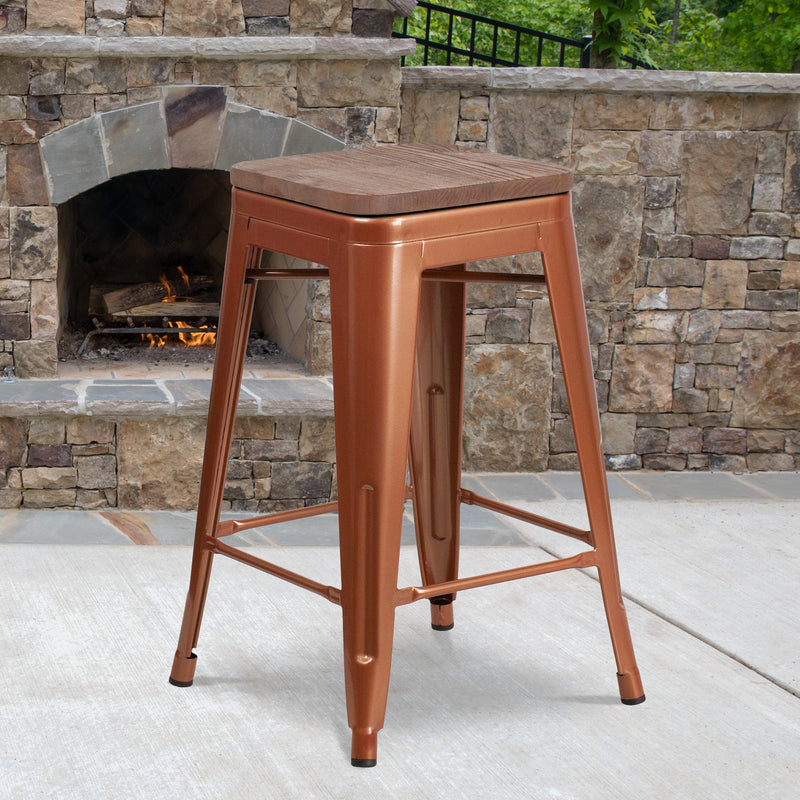 24" High Backless Copper Counter Height Stool with Square Wood Seat