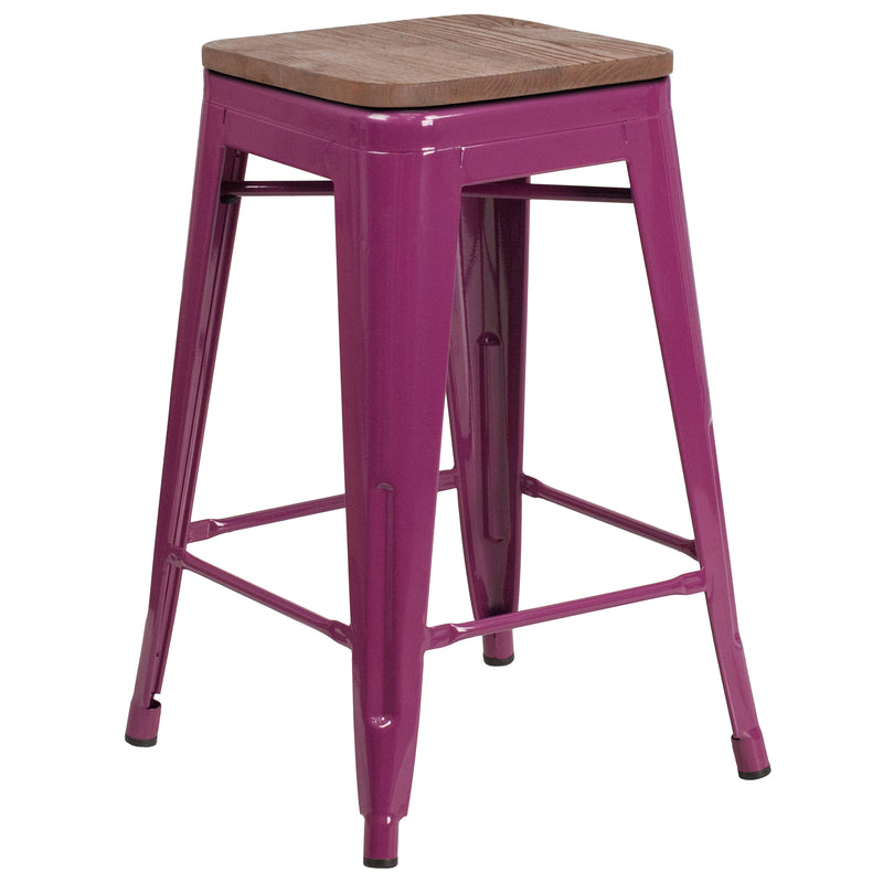 24" High Backless Purple Counter Height Stool with Square Wood Seat