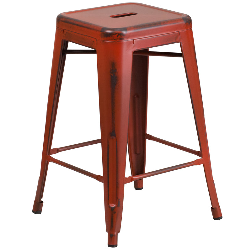 Commercial Grade 24" High Backless Distressed Kelly Red Metal Indoor-Outdoor Counter Height Stool