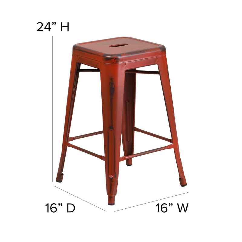 Commercial Grade 24" High Backless Distressed Kelly Red Metal Indoor-Outdoor Counter Height Stool