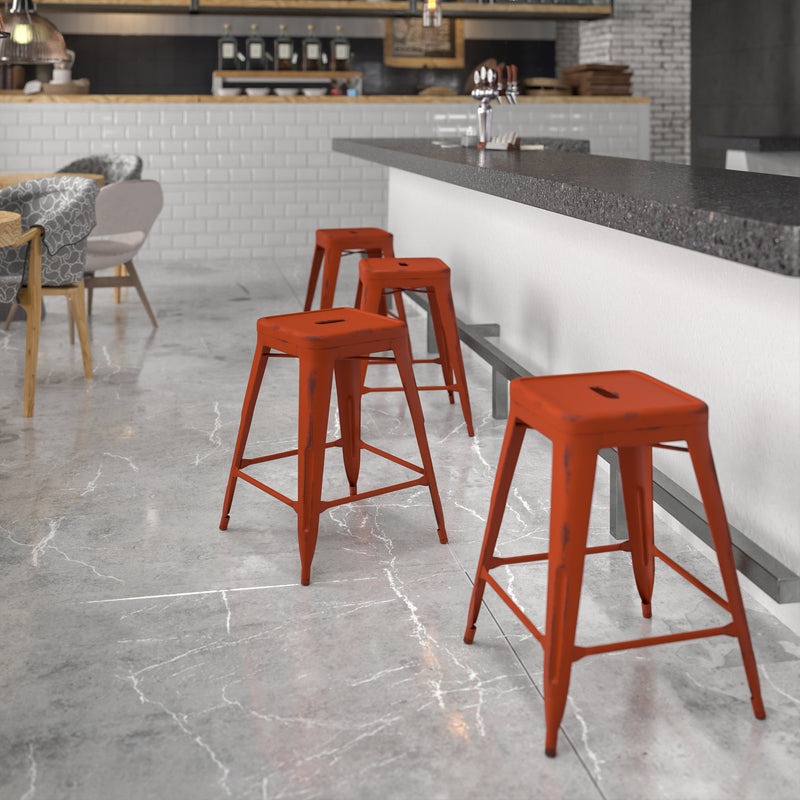 Commercial Grade 24" High Backless Distressed Kelly Red Metal Indoor-Outdoor Counter Height Stool