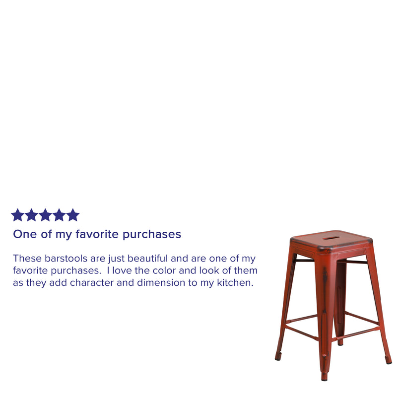 Commercial Grade 24" High Backless Distressed Kelly Red Metal Indoor-Outdoor Counter Height Stool