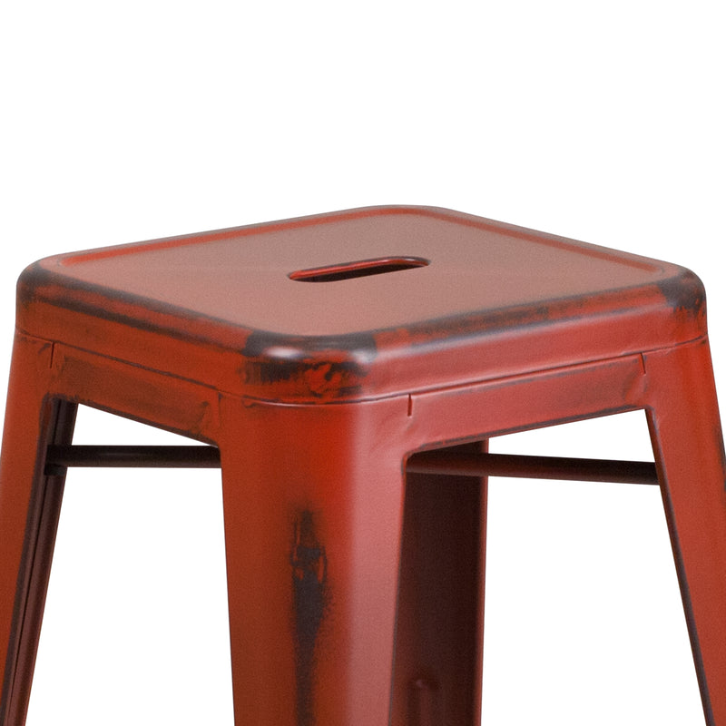 Commercial Grade 24" High Backless Distressed Kelly Red Metal Indoor-Outdoor Counter Height Stool