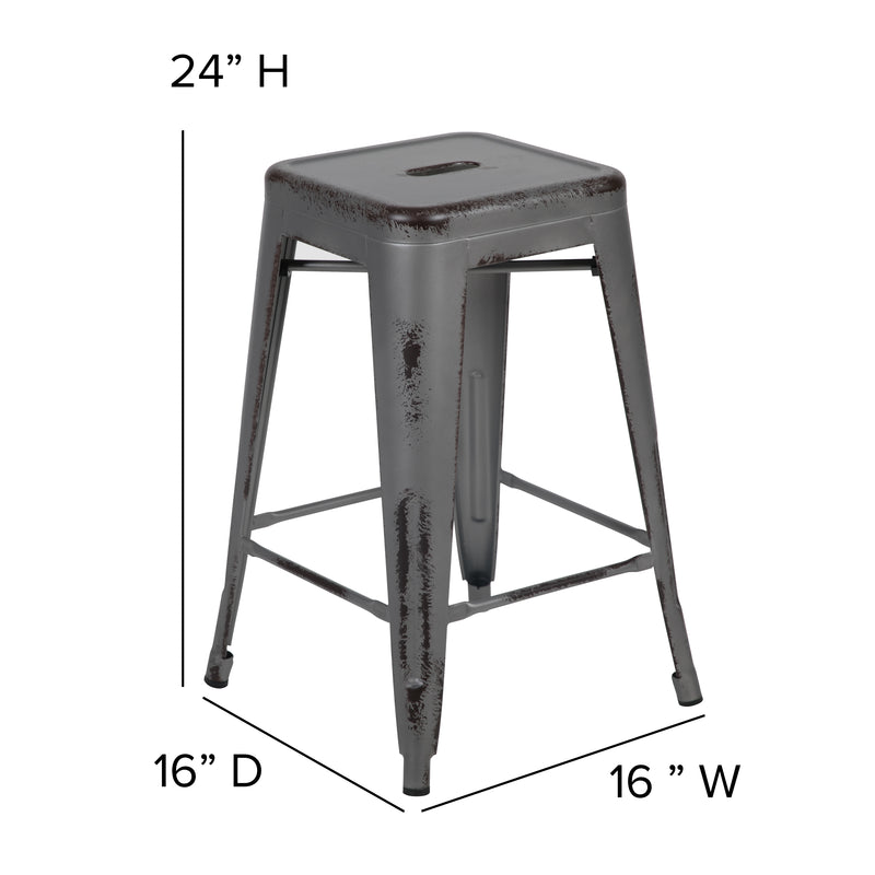 Commercial Grade 24" High Backless Distressed Silver Gray Metal Indoor-Outdoor Counter Height Stool