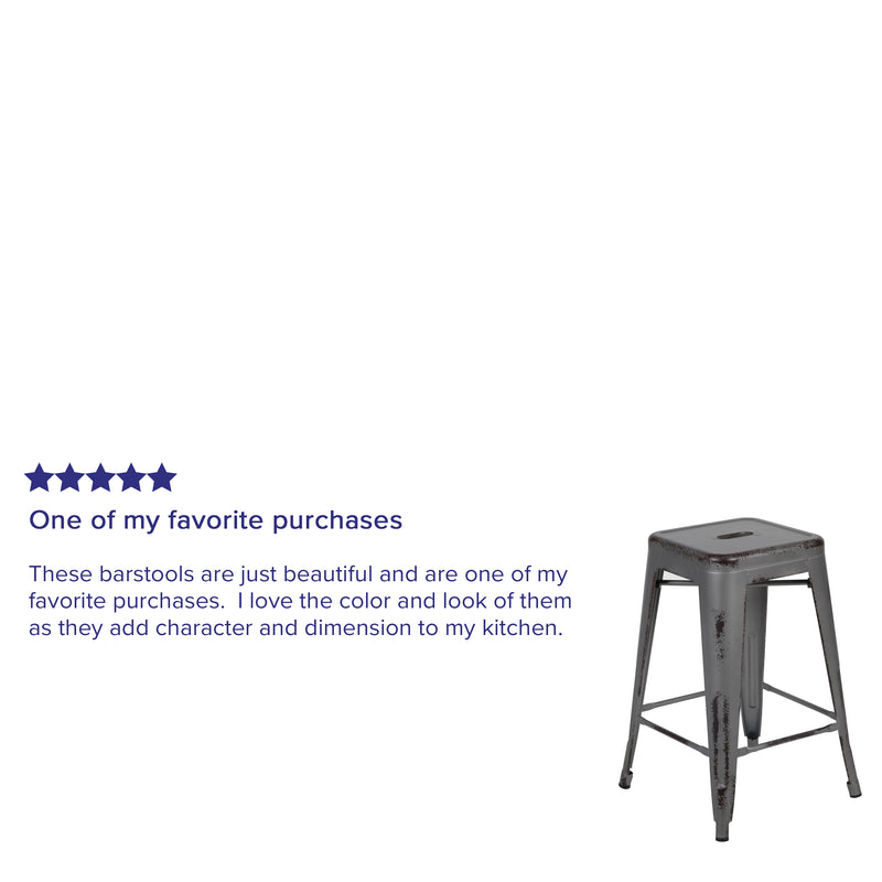 Commercial Grade 24" High Backless Distressed Silver Gray Metal Indoor-Outdoor Counter Height Stool