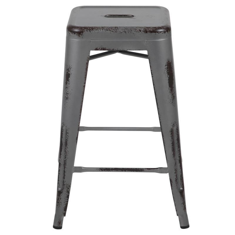 Commercial Grade 24" High Backless Distressed Silver Gray Metal Indoor-Outdoor Counter Height Stool