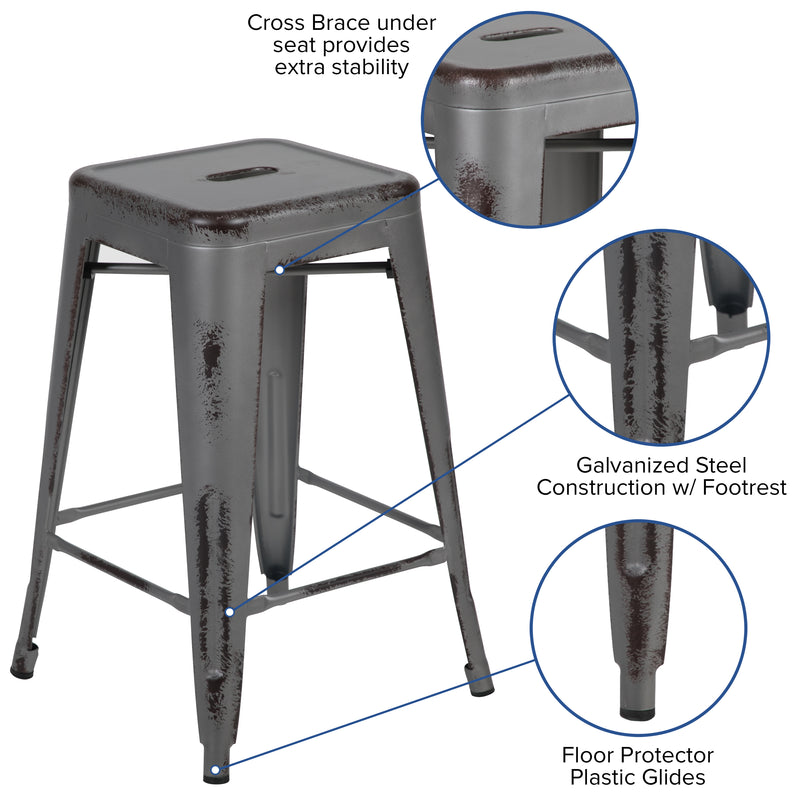 Commercial Grade 24" High Backless Distressed Silver Gray Metal Indoor-Outdoor Counter Height Stool