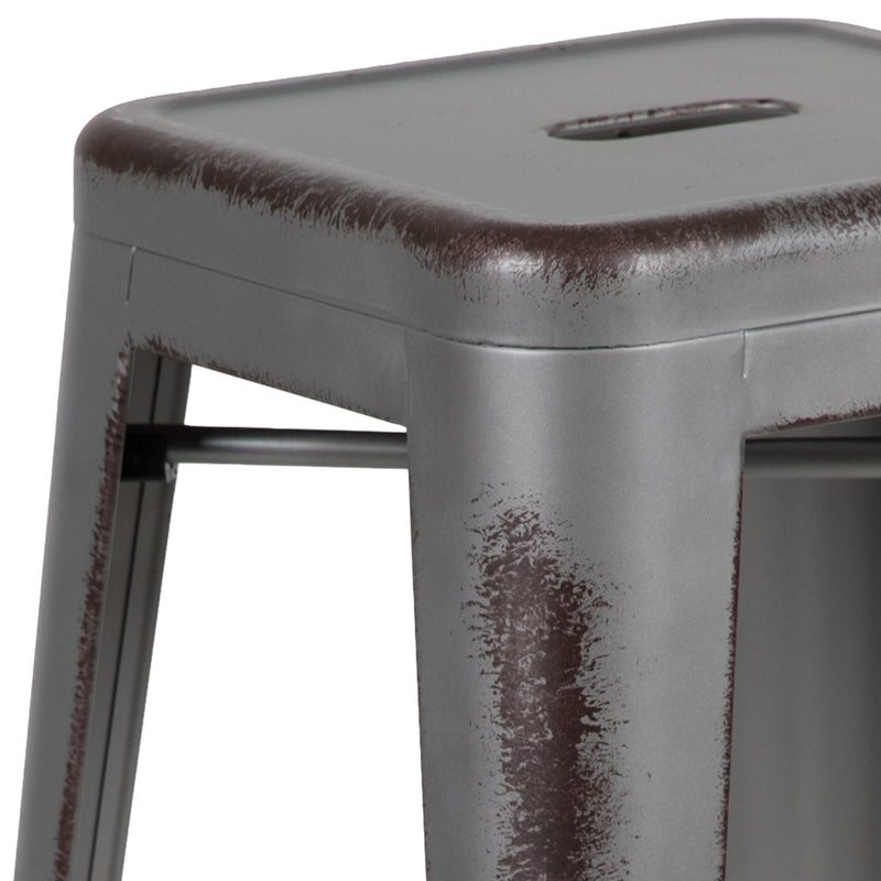 Commercial Grade 24" High Backless Distressed Silver Gray Metal Indoor-Outdoor Counter Height Stool