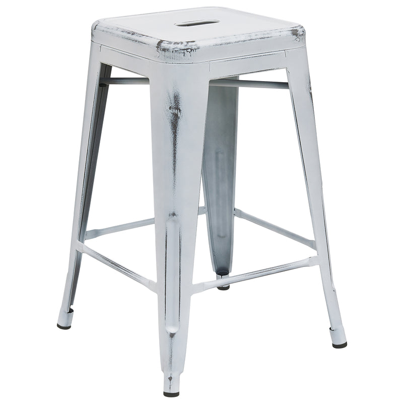 Commercial Grade 24" High Backless Distressed White Metal Indoor-Outdoor Counter Height Stool