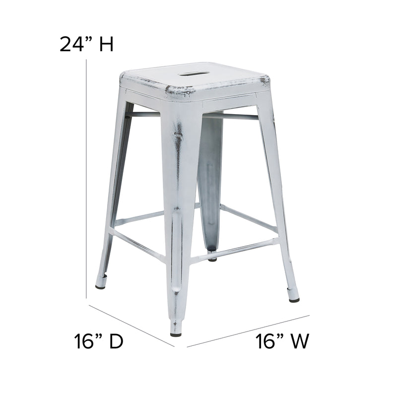 Commercial Grade 24" High Backless Distressed White Metal Indoor-Outdoor Counter Height Stool