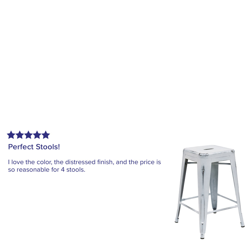 Commercial Grade 24" High Backless Distressed White Metal Indoor-Outdoor Counter Height Stool