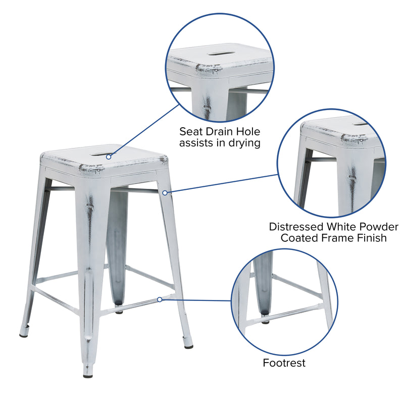 Commercial Grade 24" High Backless Distressed White Metal Indoor-Outdoor Counter Height Stool