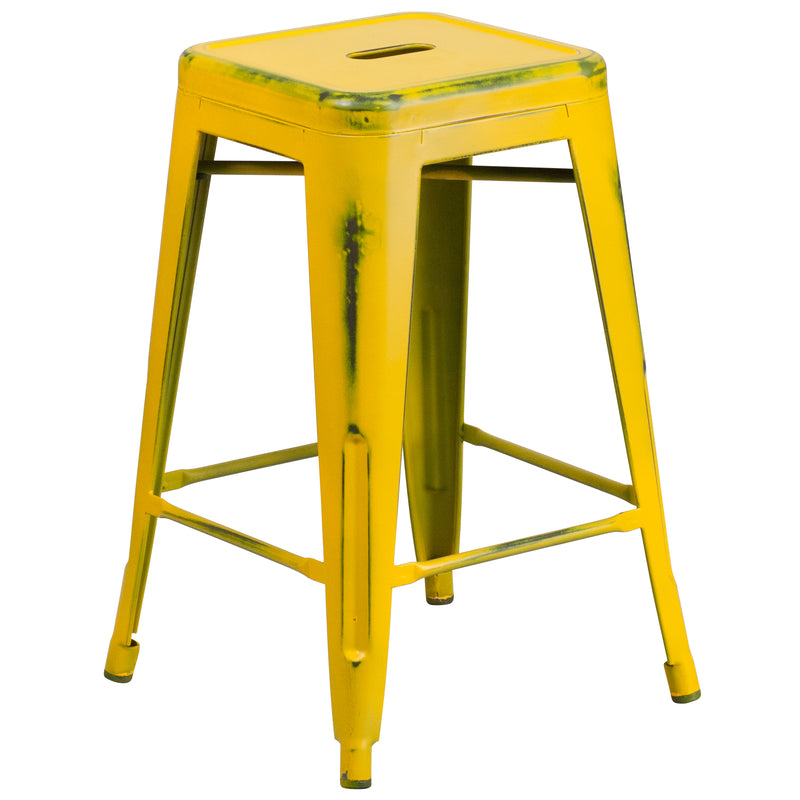 Commercial Grade 24" High Backless Distressed Yellow Metal Indoor-Outdoor Counter Height Stool