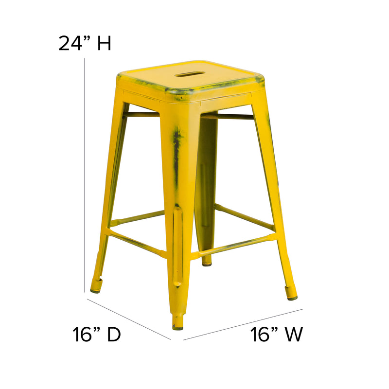 Commercial Grade 24" High Backless Distressed Yellow Metal Indoor-Outdoor Counter Height Stool