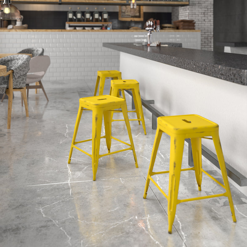 Commercial Grade 24" High Backless Distressed Yellow Metal Indoor-Outdoor Counter Height Stool