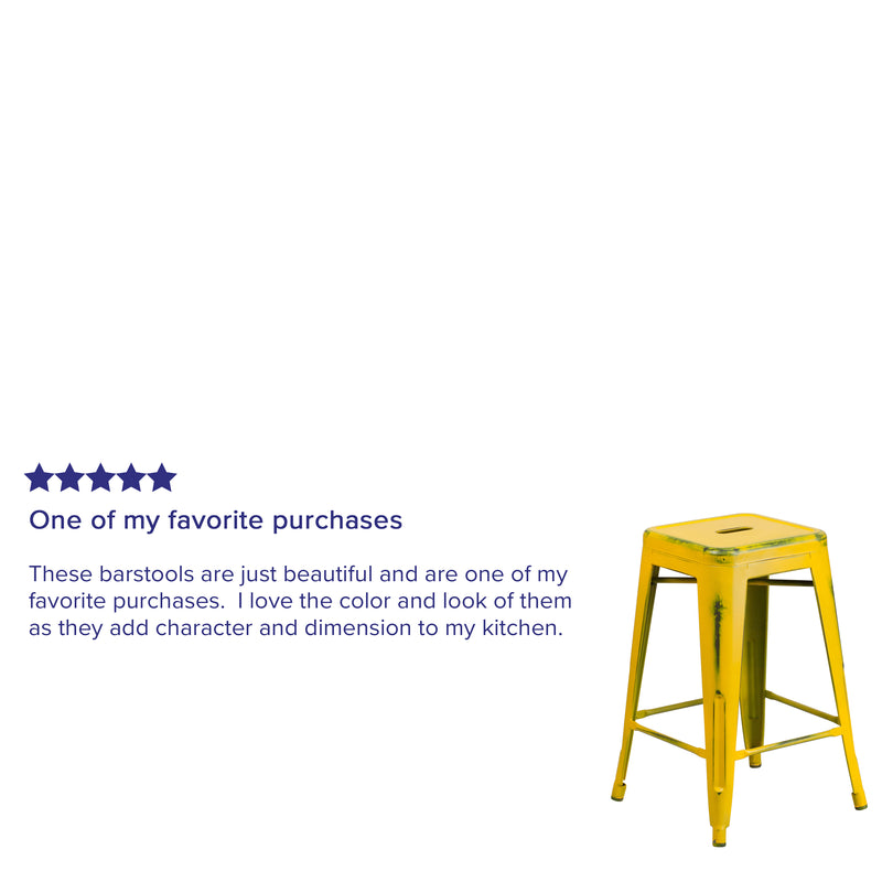 Commercial Grade 24" High Backless Distressed Yellow Metal Indoor-Outdoor Counter Height Stool