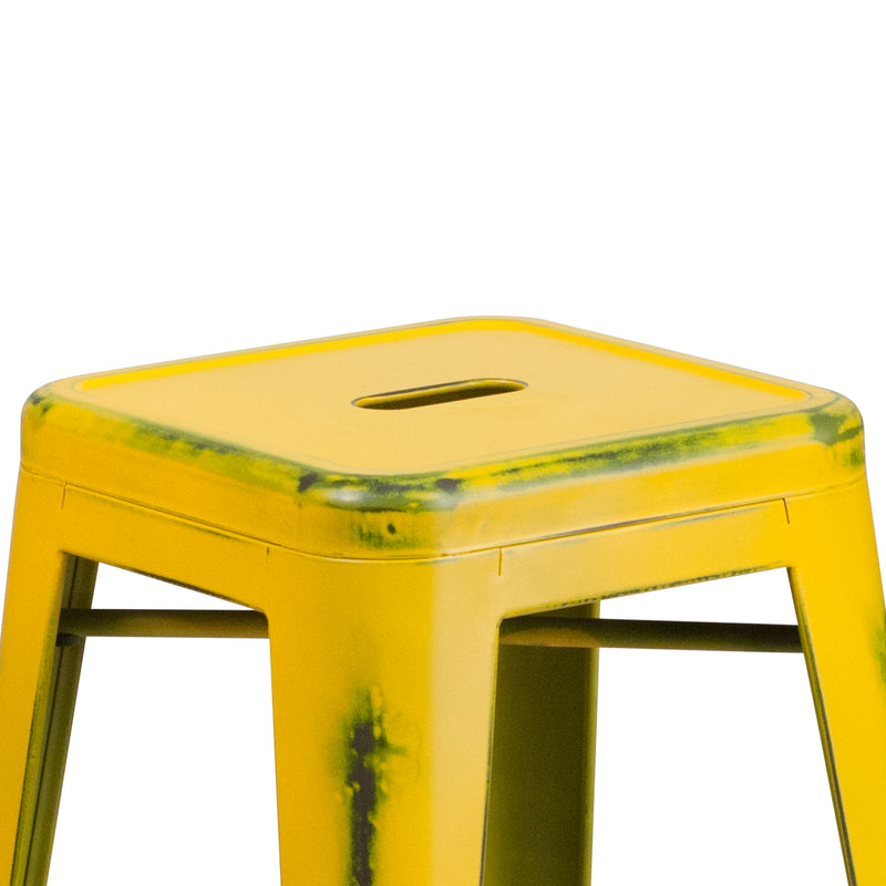 Commercial Grade 24" High Backless Distressed Yellow Metal Indoor-Outdoor Counter Height Stool