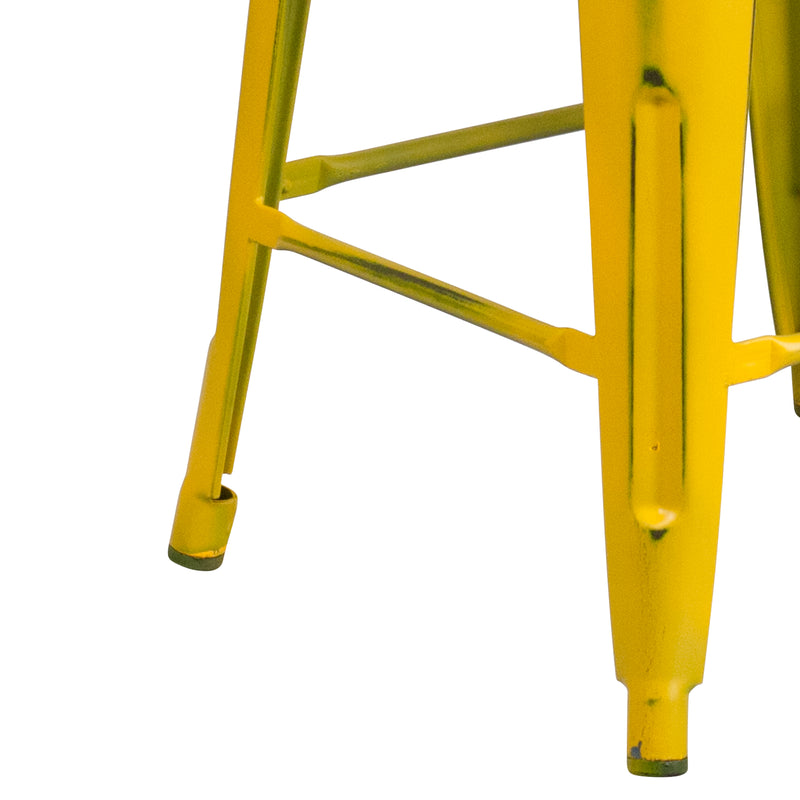 Commercial Grade 24" High Backless Distressed Yellow Metal Indoor-Outdoor Counter Height Stool