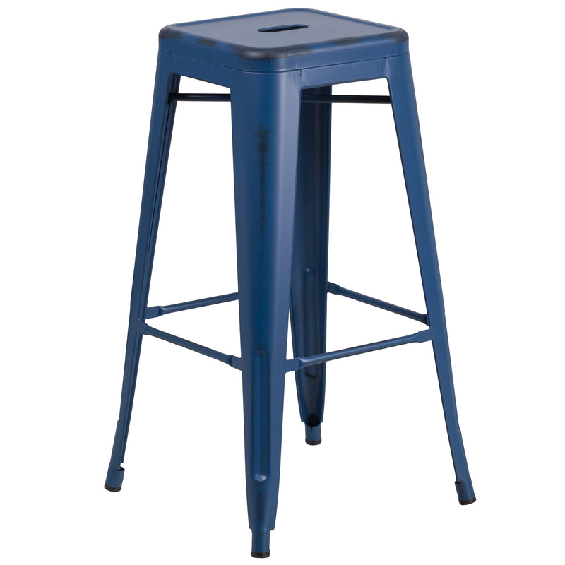 Commercial Grade 30" High Backless Distressed Antique Blue Metal Indoor-Outdoor Barstool