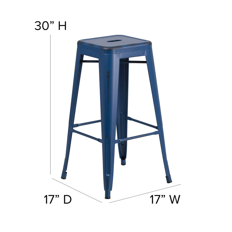 Commercial Grade 30" High Backless Distressed Antique Blue Metal Indoor-Outdoor Barstool