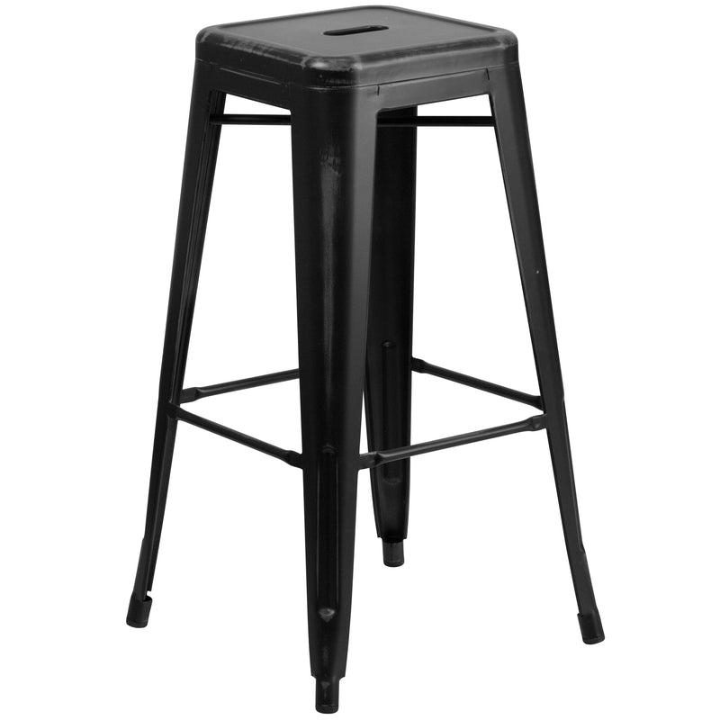 Commercial Grade 30" High Backless Distressed Black Metal Indoor-Outdoor Barstool