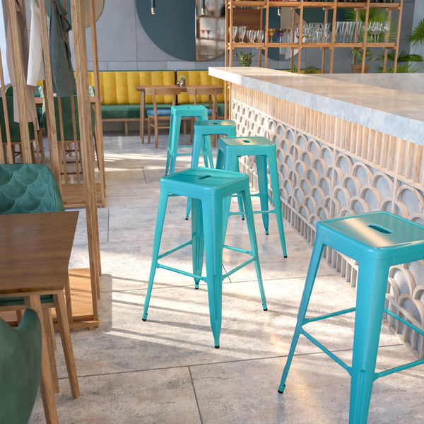 Commercial Grade 30" High Backless Crystal Teal-Blue Indoor-Outdoor Barstool