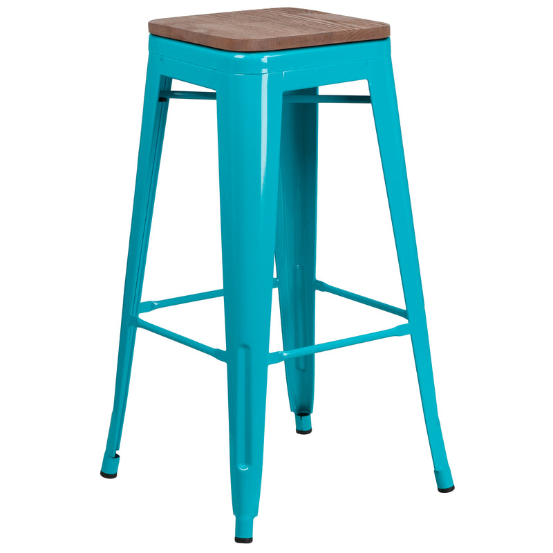 30" High Backless Crystal Teal-Blue Barstool with Square Wood Seat