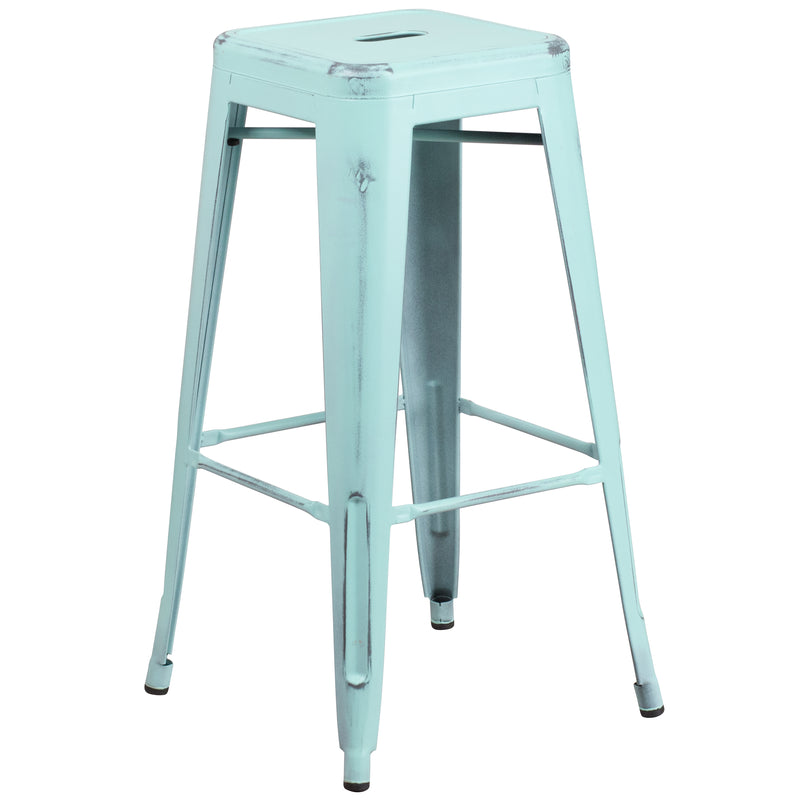 Commercial Grade 30" High Backless Distressed Green-Blue Metal Indoor-Outdoor Barstool